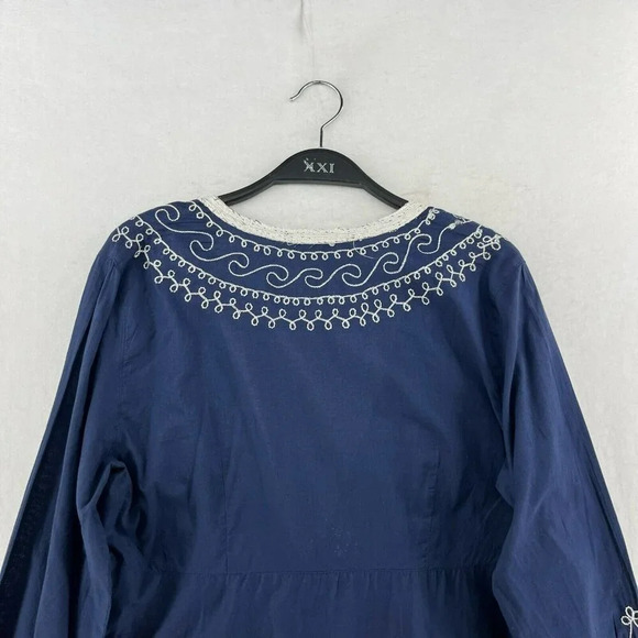 Adrienne Vittadini Dress Tunic M Blue Embroidered V Neck Flare Hem Unlined Boho - Picture 8 of 13